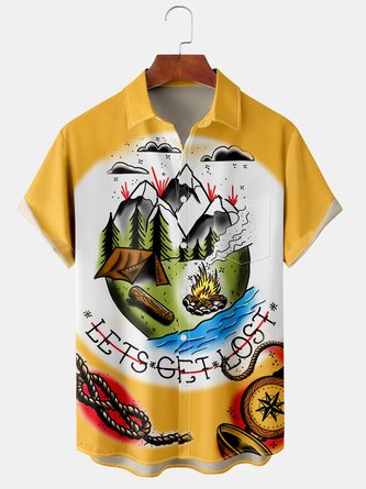 Casual Style Outdoor Series Striped Geometric Camping Adventure Element Pattern Lapel Short Sleeve Chest Pocket Shirt Printed Top
