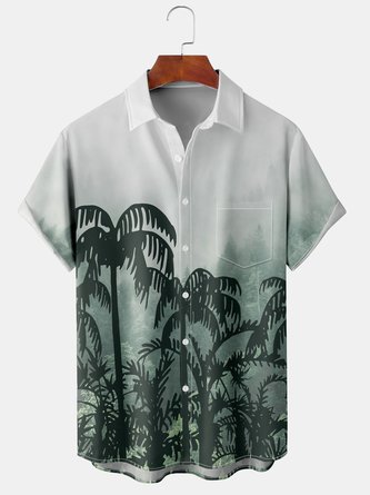Holiday Style Hawaiian Series Botanical Scenery Coconut Tree Element Pattern Lapel Short-Sleeved Chest Pocket Shirt Printed Top