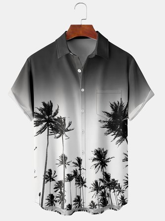 Holiday Style Hawaii Series Gradient Plant Coconut Tree Element Pattern Lapel Short-Sleeved Chest Pocket Shirt Printed Top
