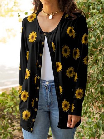 Autumn Sunflower Design Long Sleeve Knit Cardigan Jacket