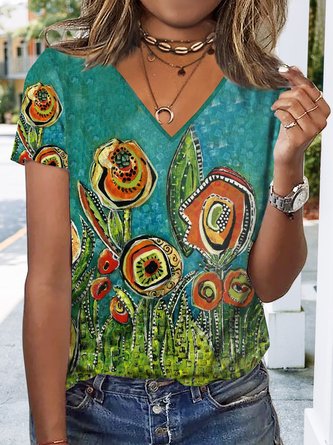 Abstract rose pattern loose holiday flower T-shirt plus size