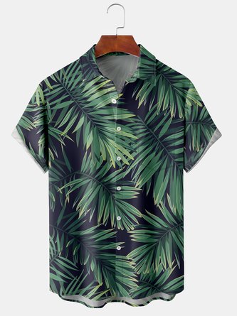 Holiday Style Hawaiian Series Botanical Leaf Element Pattern Lapel Short-Sleeved Printed Shirt Top