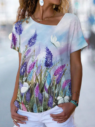JFN Asymmetric Square Neck Lavender Butterfly Casual Plants T-Shirt/Tee