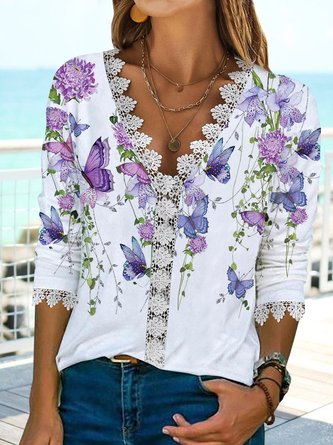 JFN V Neck Butterfly Flower Lace Casual Long Sleeve Top