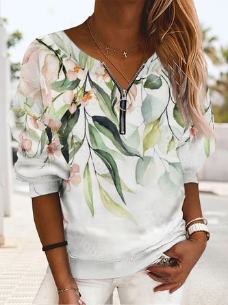Holiday leaves flowers zipper loose top sweater