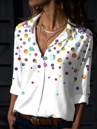 JFN Shirt Collar Casual Loose Polka Dots Blouse