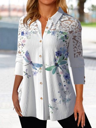 Cotton blended Dragonfly Flower Button loose lace top shirt