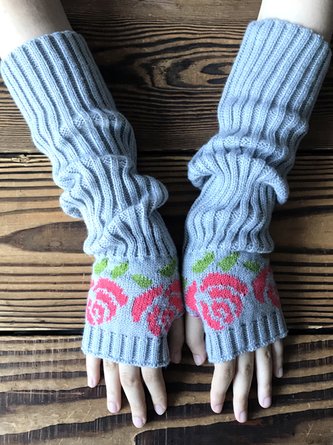 Rose Jacquard Half Finger Gloves Long Wool Sleeves Autumn and Winter Warmth Daily Matching
