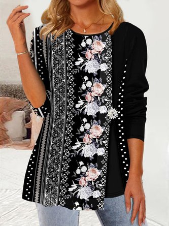 Casual Ethnic Regular Fit Floral Crew Neck Tops