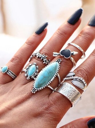 8Pcs Ethnic Style Turquoise Heart Ring Set Beach Holiday Jewelry