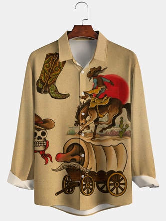Casual Culture Collection Cowboy Boots Horse Element Pattern Lapel Long Sleeve Print Shirt Top