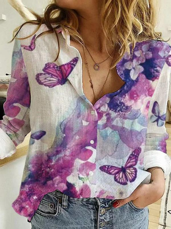 Butterfly Casual Fashion Vintage Print Long Sleeve Lapel Shirt