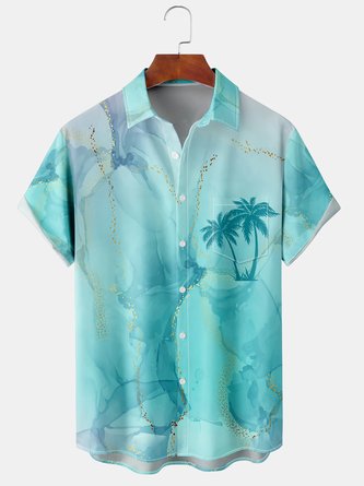 Resort Style Hawaii Series Gradient Color Marbled Plant Coconut Tree Element Pattern Lapel Short Sleeve Chest Pocket Shirt Printed tTop