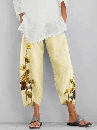 Floral-Print Casual Linen Pants