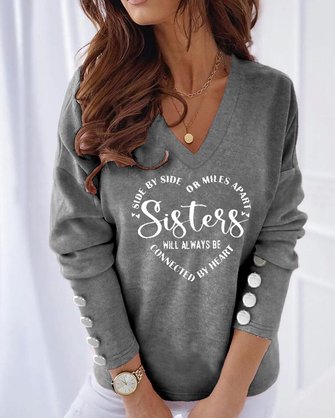 Sisters V Neck Casual Buttoned Sweatshirt