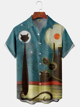Casual Style Art Series Illustration Striped Geometric Space Cat Element Pattern Lapel Short Sleeve Shirt Print Top