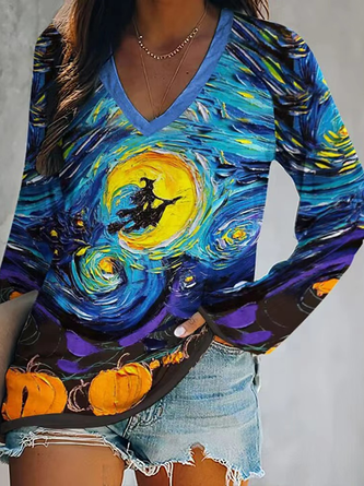 Casual V Neck Halloween Painting Regular Fit T-Shirt
