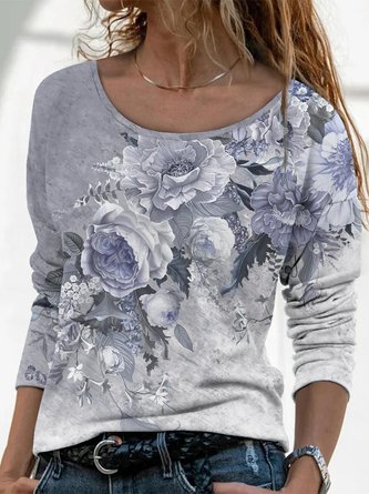 JFN Crew Neck Casual Floral Autumn Loose Long sleeve Tops