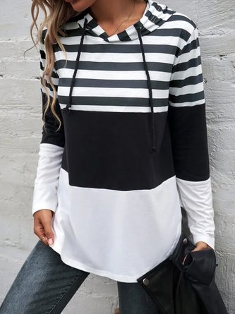 Striped color block drawstring hooded loose sweatshirt