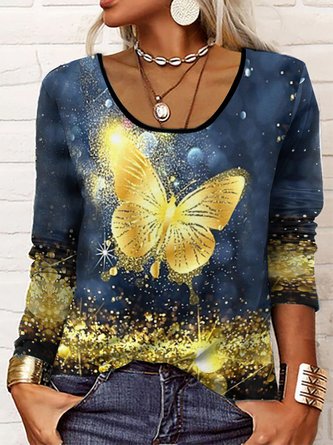 Long Sleeve Glitter Butterfly Loose T-Shirt