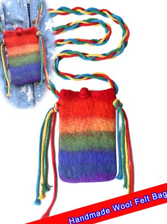 Wool Felt Rainbow Gradient Phone Bag Fringed Shoulder Crossbody Bag