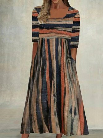 Women's A Line Midi Dress Half Sleeve Line Print Square Neck Elegant Modern