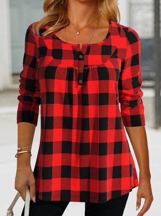Women Christmas Plaid Loose Crew Neck Red Plaid Tunic Top