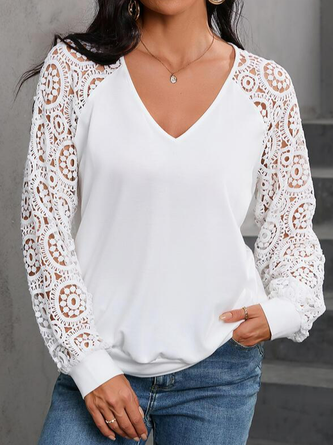 Casual Solid Lace V-Neck Long Sleeves Sweatshirt