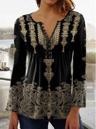 Women's Ethnic Casual V-neck A-Line Tops Long Sleeve Henry Collar Tunic Black Gold Daily Hot List 