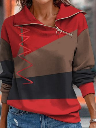 Casual Loose Color Block Asymmetrical Zipper Sweatshirt
