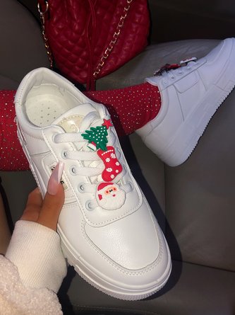 Christmas White Split Joint Lace-up Flats Casual Sneakers