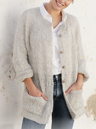 Casual Plain Yarn/Wool Yarn Sweater Coat