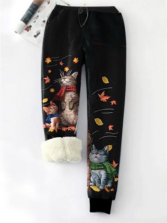 Women Christmas Fleece Warm Cute Cat Knitted Casual Harem Pants