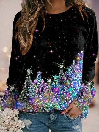 Women's Black Sweatshirt Colorful Christmas Tree Printed