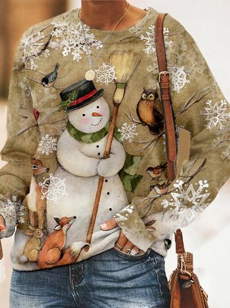 Women's Sweatshirt Christmas Snowman Printed Crew Neck Regular Fit