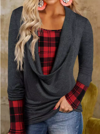 Square Neck Loose Casual Plaid Long Sleeve T-shirt
