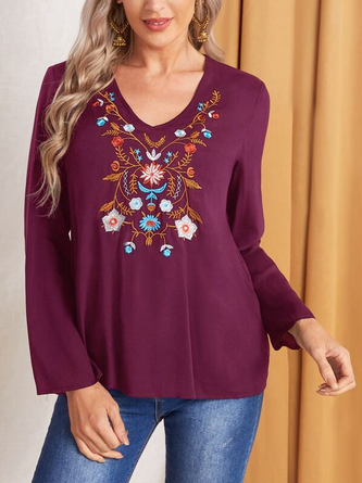 V Neck Casual Embroidered Floral Loose T-Shirt