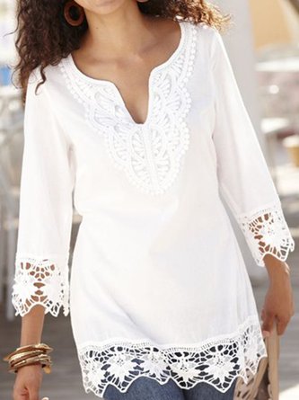 Lace Regular Fit Casual V Neck Top