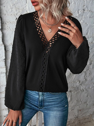 Lace Insert Lantern Sleeve  V Neck Casual Loose Top