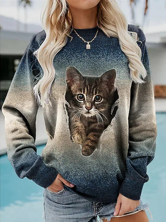 Ombre Cat Crew Neck Loose Sweatshirt