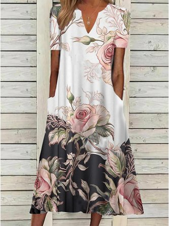 Women's Rose Print Elegant Floral Loose Maxi Summer Dress