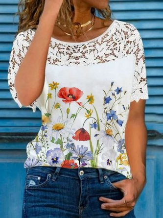 Casual Crew Neck Floral Loose Lace T-Shirt