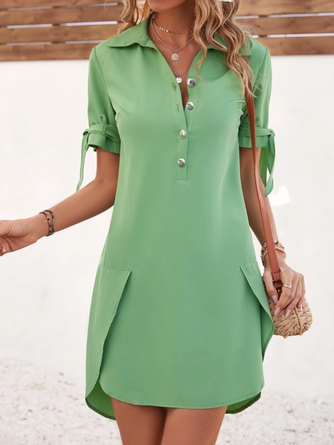 Plain Casual V Neck Cotton-Blend Dress Shirt Dress