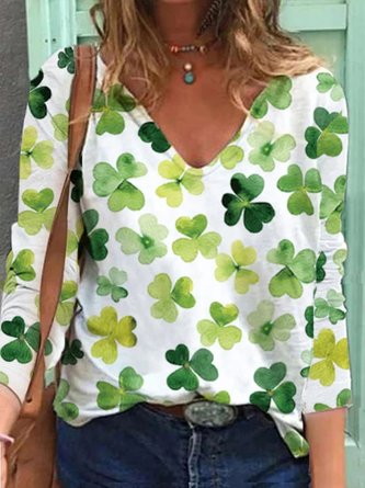 Women Casual St. Patrick's Day four-leaf clover Spring V neck Natural Micro-Elasticity Long sleeve Regular H-Line T-shirt