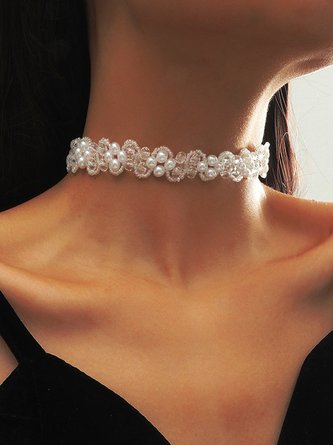 White Pearl Beaded Lace Floral Motif Necklace Choker Beach Vacation Party Jewelry
