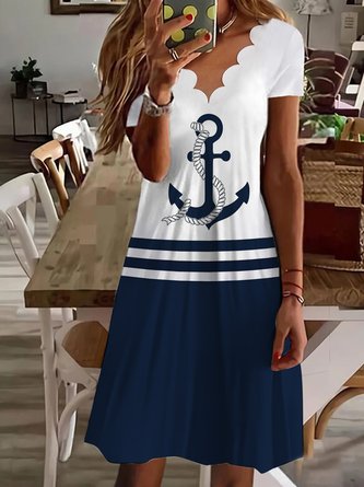 Casual Anchor Sea Loose V Neck Dress