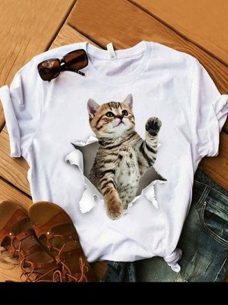 Cat Casual Crew Neck T-Shirt