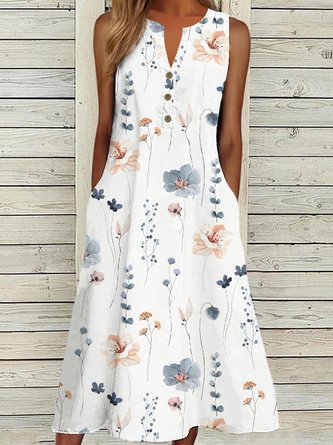 Buckle Floral Printed Loose Casual Dress