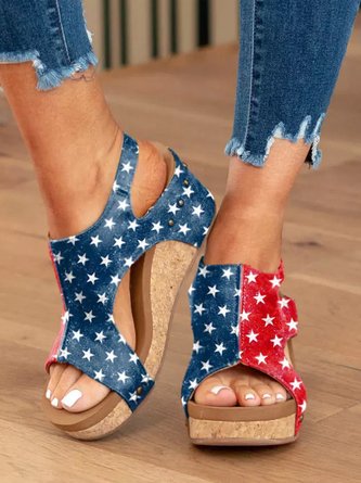 Color Block American Flag Star Printed Wedge Sandals