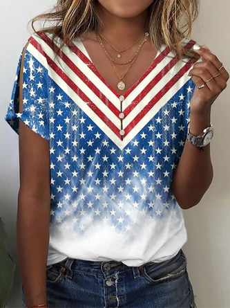 Casual America Flag Loose V Neck T-Shirt